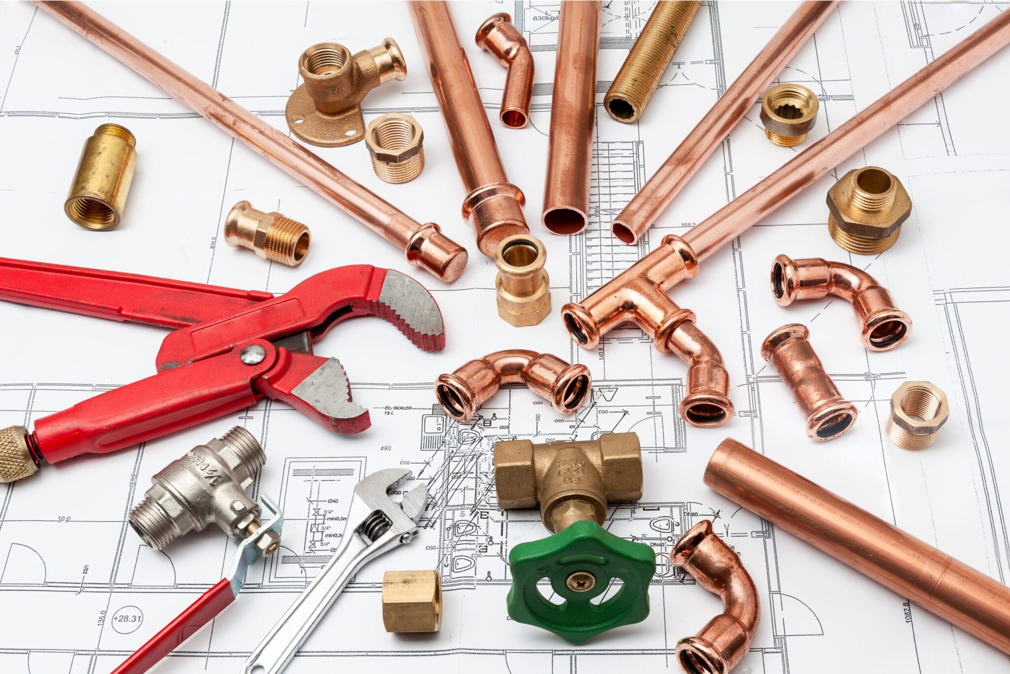 Copper pipes, fittings, valves, and plumbing tools in Palm Beach Gardens
