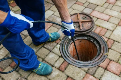 Plumber cleaning an outdoor sewer drain in Palm Beach Gardens