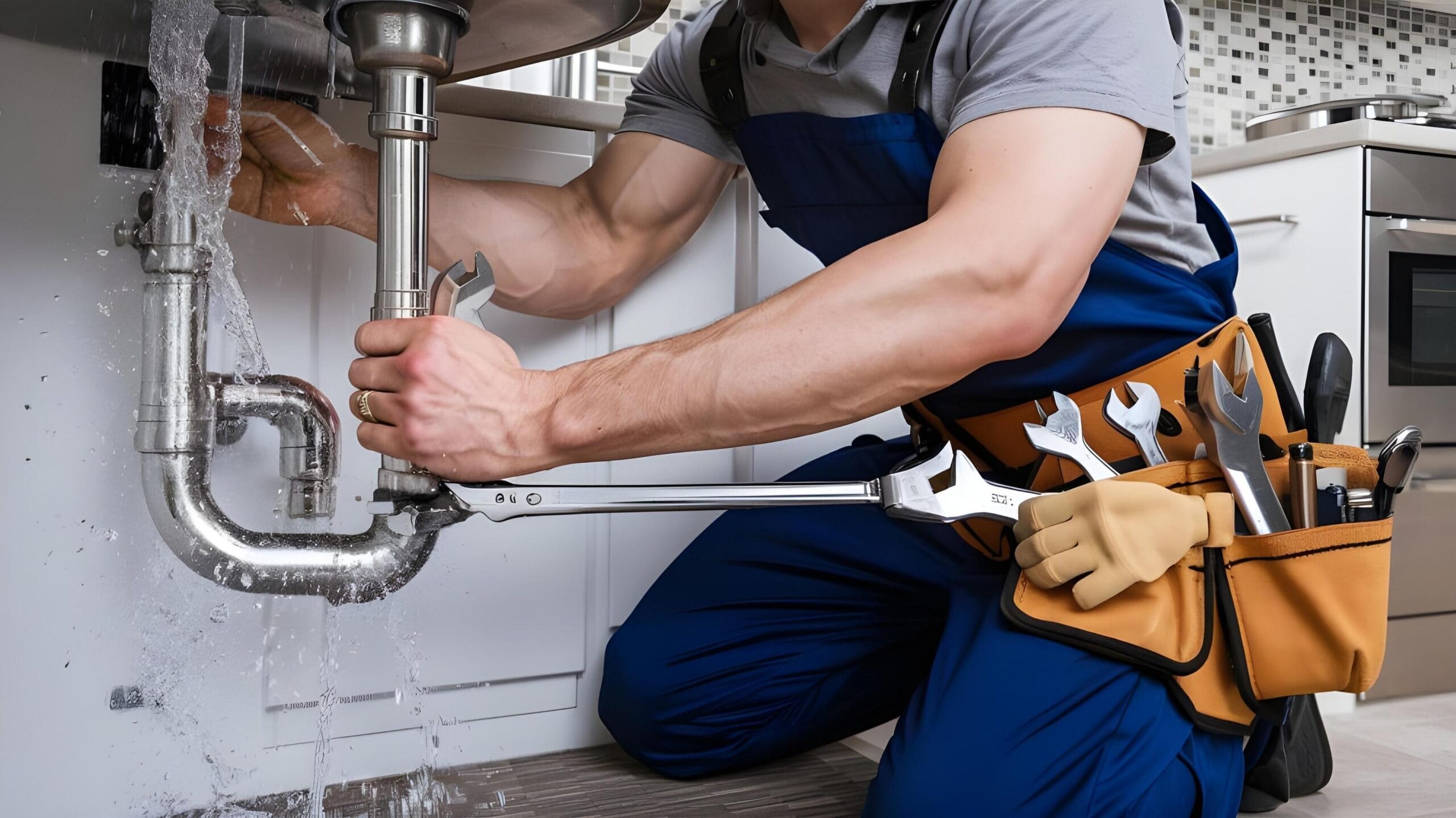 Plumber tightening a residential plumbing pipe in Palm Beach Gardens