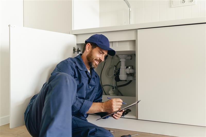 Residential plumber reviewing plumbing repairs in a Palm Beach Gardens kitchen