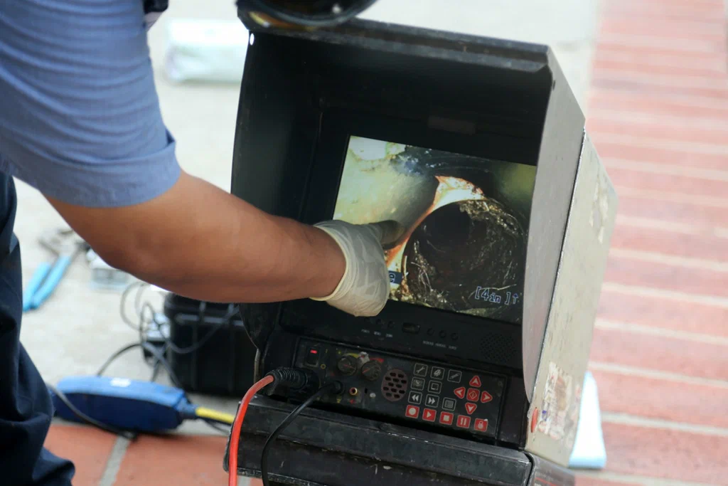 Technician viewing a drain inspection camera in Palm Beach Gardens