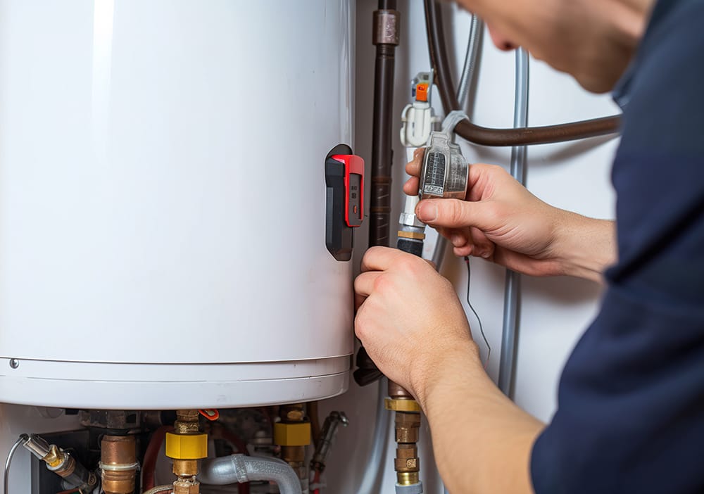 Technician repairing pipes connected to a water heater in Palm Beach Gardens